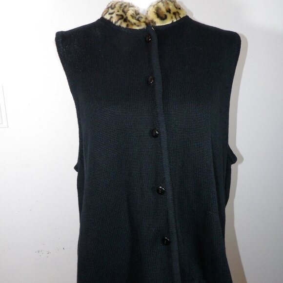 Vintage Crystal Kobe Black Sweater Vest with Faux Fur Collar Size XL - Picture 2 of 4